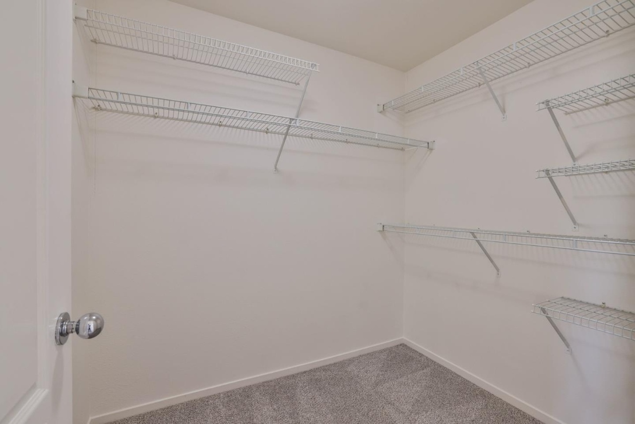 Deep walk-in closet with wire shelving running down both side walls and the back, gray carpet, and a wide open floor